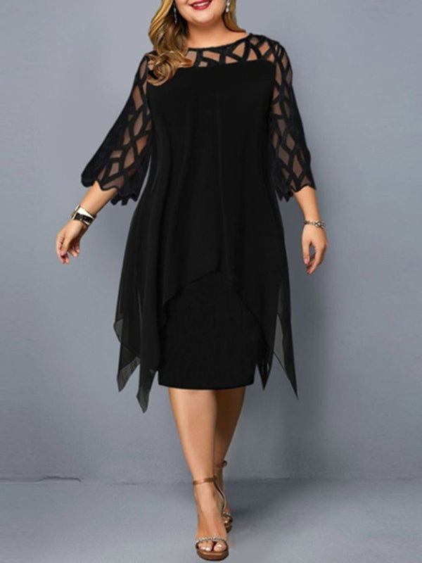 Women's Lace Three-Quarter Sleeve Black Chiffon Plus Size Dress L-5XL - Wazzi's Wear
