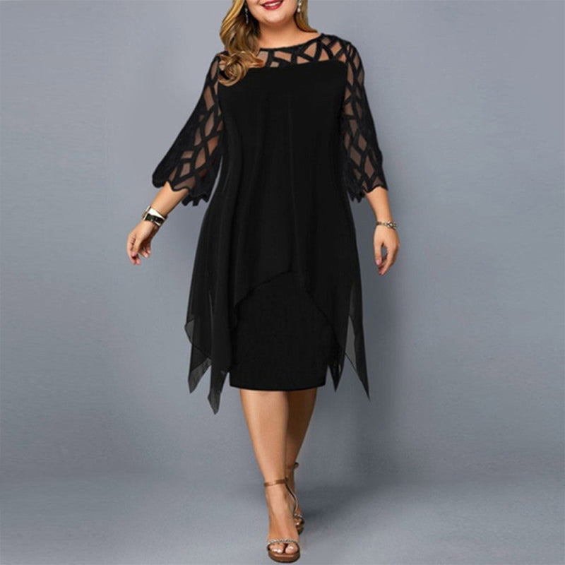 Women's Lace Three-Quarter Sleeve Black Chiffon Plus Size Dress L-5XL - Wazzi's Wear