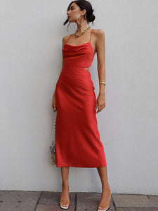 Women's Satin Slip Dress with Adjustable Tie and Open Back in 3 Colors S-L