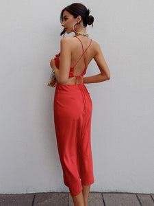 Women's Satin Slip Dress with Adjustable Tie and Open Back in 3 Colors S-L