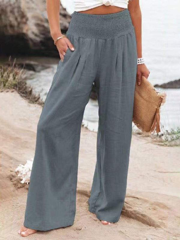 Women's Solid Wide Leg Pants with Pockets and Smocked Waist in 8 Colors Sizes 2-16 - Wazzi's Wear