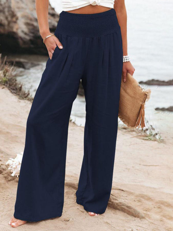 Women's Solid Wide Leg Pants with Pockets and Smocked Waist in 8 Colors Sizes 2-16 - Wazzi's Wear