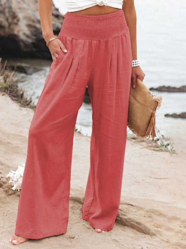 Women's Solid Wide Leg Pants with Pockets and Smocked Waist in 8 Colors Sizes 2-16