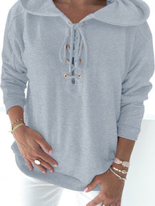 Women's Solid Lace Up Long Sleeve Hoodie in 5 Colors S-XL