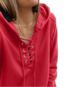 Women's Solid Lace Up Long Sleeve Hoodie in 5 Colors S-XL