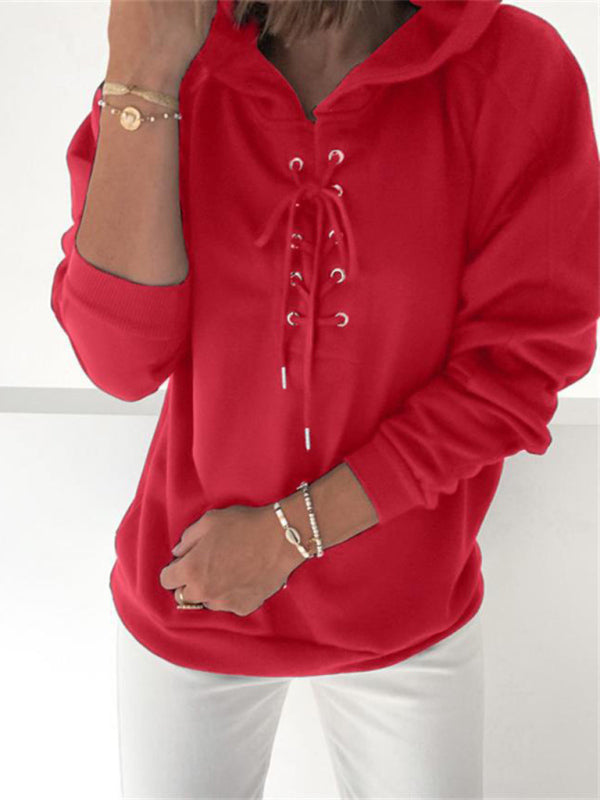 Women's Solid Lace Up Long Sleeve Hoodie in 5 Colors S-XL - Wazzi's Wear