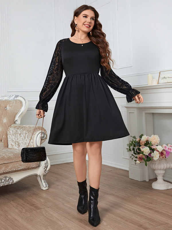 Women's Plus Size Solid Dress with Lace Long Sleeves XL-4XL - Wazzi's Wear