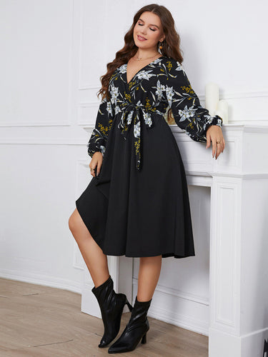 Women's Plus Size Floral Long Sleeve Wrap Midi Dress XL-4XL