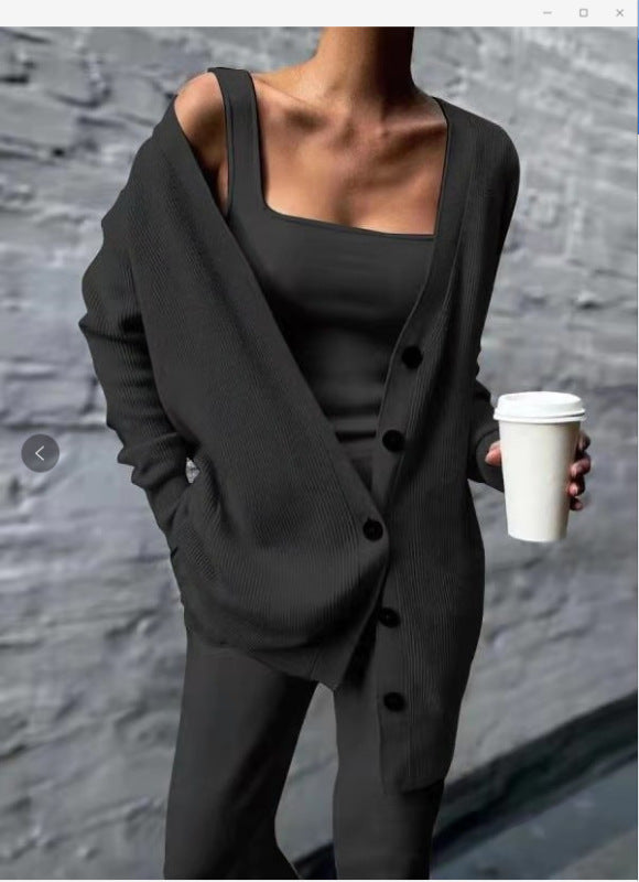 Women's Solid Long Sleeve Buttoned Cardigan 3 Piece Set S-1X - Wazzi's Wear