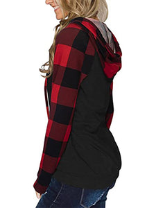 Women's Plaid Long Sleeve Hooded Top with Kangaroo Pocket in 3 Colors S-XXL