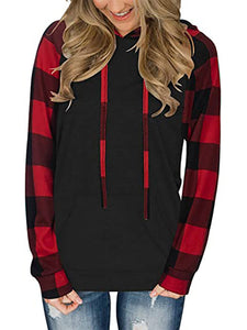 Women's Plaid Long Sleeve Hooded Top with Kangaroo Pocket in 3 Colors S-XXL