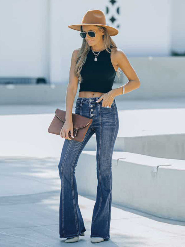 Women's Four Button High Waist Flare Bellbottom Jeans S-XL - Wazzi's Wear