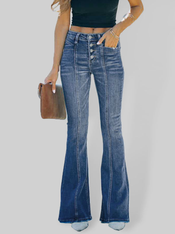 Women's Four Button High Waist Flare Bellbottom Jeans S-XL - Wazzi's Wear