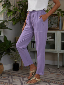 Women's Solid Linen Drawstring Pants with Side Pockets in 5 Colors Waist 26-34