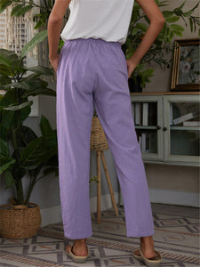 Women's Solid Linen Drawstring Pants with Side Pockets in 5 Colors Waist 26-34