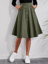 Load image into Gallery viewer, Women&#39;s Olive Green Mid-Length A-Line Skirt with Buttons and Pockets Waist 27-33