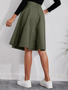 Women's Olive Green Mid-Length A-Line Skirt with Buttons and Pockets Waist 27-33