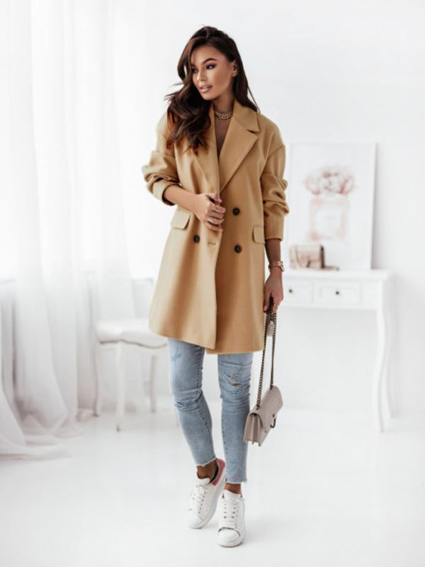 Women's Double-Breasted Solid Wool Coat in 4 Colors S-1X | Wazzi's