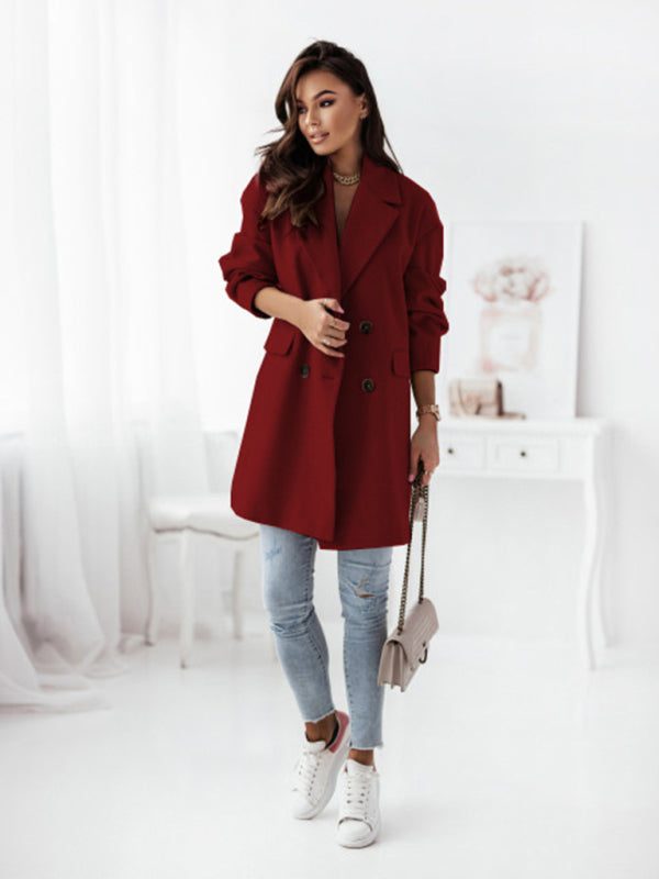 Women's Double-Breasted Solid Wool Coat in 4 Colors S-1X | Wazzi's