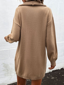 Women's Long Sleeve Khaki Sweater Dress with Buttons S-L