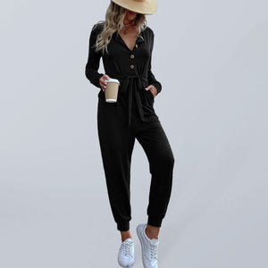 Women's Black Button-up V-Neck Jumpsuit with Long Sleeves and Pockets S-XL