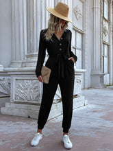 Load image into Gallery viewer, Women&#39;s Black Button-up V-Neck Jumpsuit with Long Sleeves and Pockets S-XL - Wazzi&#39;s Wear