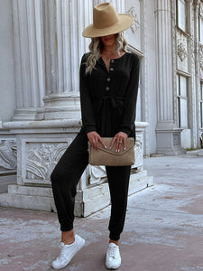 Women's Black Button-up V-Neck Jumpsuit with Long Sleeves and Pockets S-XL