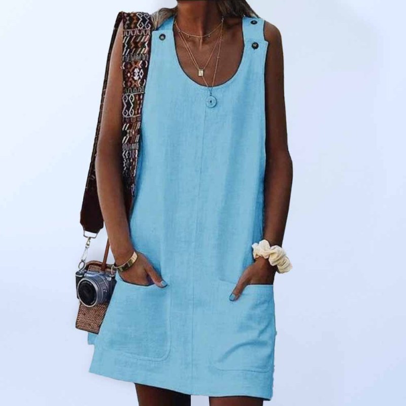 Women's Solid Linen Blend Sleeveless Dress with Pockets in 2 Colors S-3XL - Wazzi's Wear