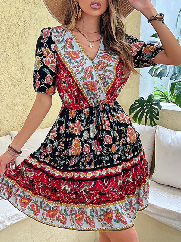 Women's Bohemian Floral Print Mini Dress in 2 Colors S-XL - Wazzi's Wear