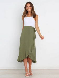 Solid Ruffled Skirt with Waist Tie and Asymmetric Hem in 8 Colors S-XL