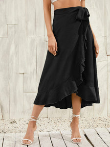 Solid Ruffled Skirt with Waist Tie and Asymmetric Hem in 8 Colors S-XL