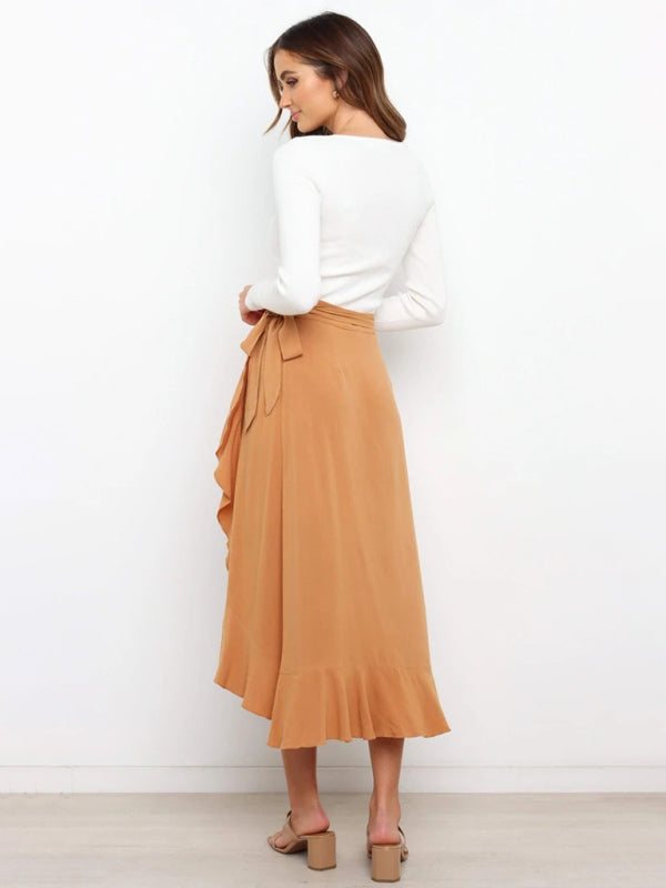 Solid Ruffled Skirt with Waist Tie and Asymmetric Hem in 8 Colors S-XL - Wazzi's Wear