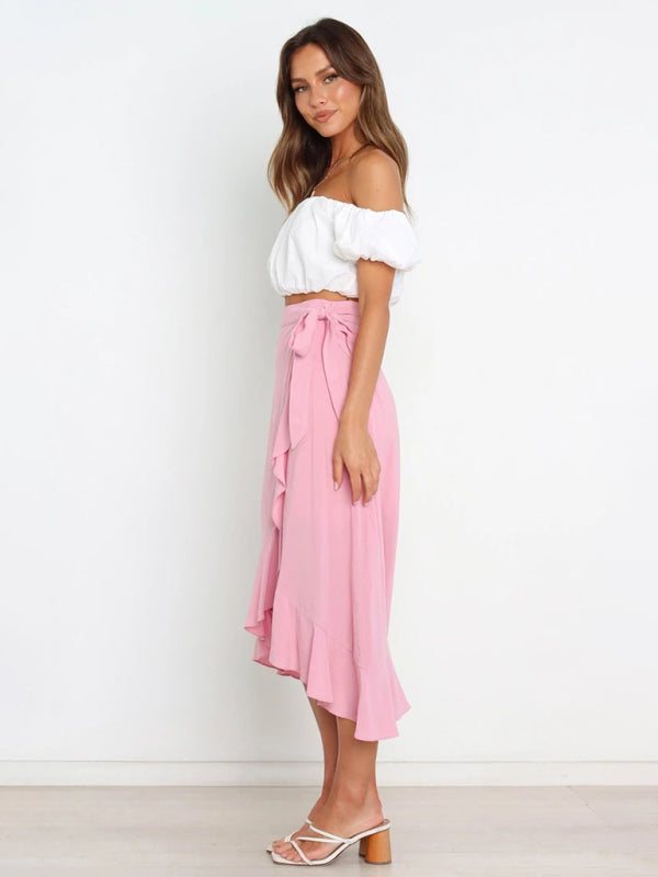 Solid Ruffled Skirt with Waist Tie and Asymmetric Hem in 8 Colors S-XL - Wazzi's Wear