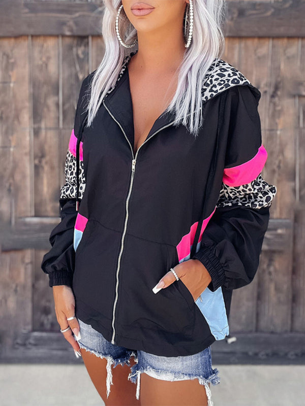 Women’s Leopard Print Colorblock Hooded Jacket with Side Pockets S-XXL - Wazzi's Wear