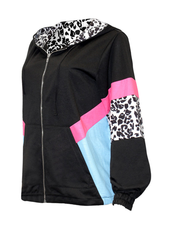 Women’s Leopard Print Colorblock Hooded Jacket with Side Pockets S-XXL - Wazzi's Wear