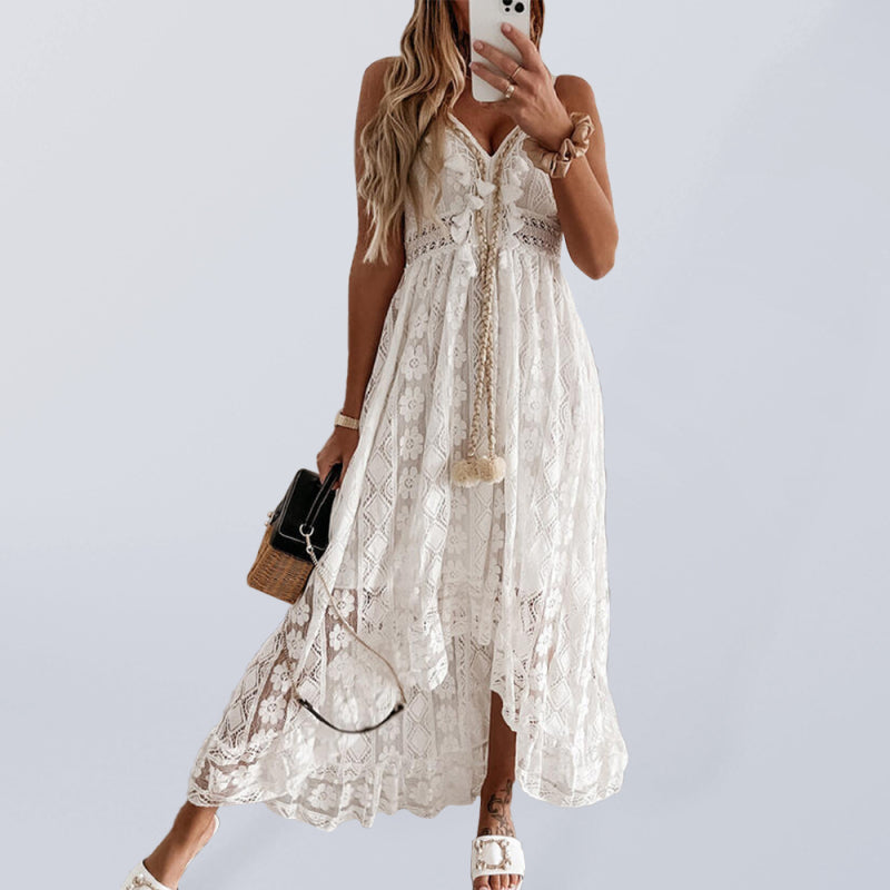 Women's Lace Boho Sleeveless Dress with V-Neck and Tassels in 2 Colors Bust 31-43 - Wazzi's Wear