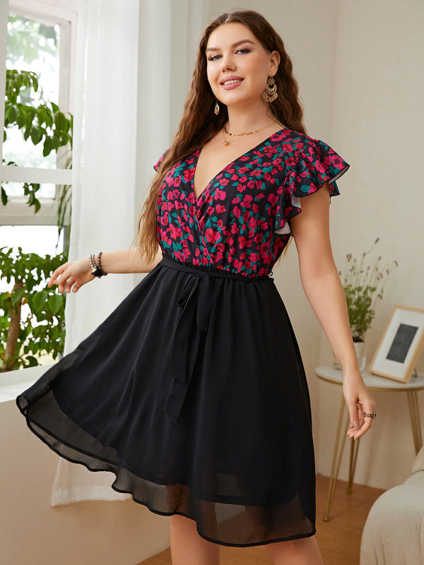 Plus Size V-Neck Floral Dress with Ruffled Short Sleeves in 2 Colors XL-4XL - Wazzi's Wear