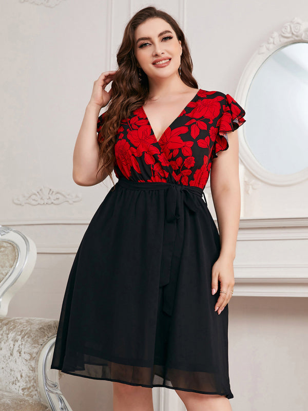Plus Size V-Neck Floral Dress with Ruffled Short Sleeves in 2 Colors XL-4XL - Wazzi's Wear