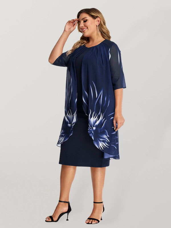 Women’s Plus Size Midi Dress with Floral Overlay and Mid-Length Sleeves in 4 Colors Sizes 14-26 - Wazzi's Wear