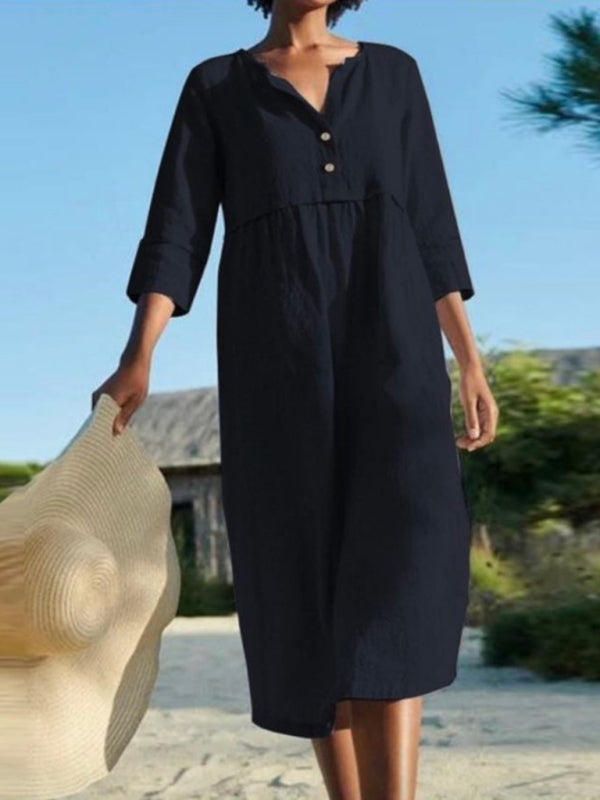 Women’s Round Neck Three Quarter Sleeve Solid Pocket Dress in 4 Colors Sizes 4-18 - Wazzi's Wear