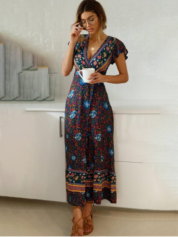 Women's Bohemian Print Wrap Maxi Dress in 2 Colors Sizes 2-16 - Wazzi's Wear