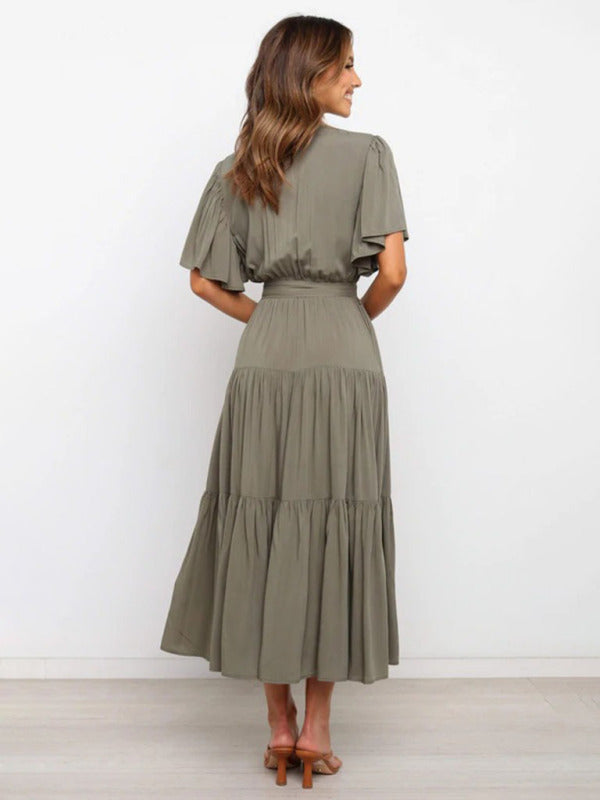 Women's Solid Tiered Ruffled Midi Dress with Short Sleeves in 7 Colors Sizes 4-10 - Wazzi's Wear