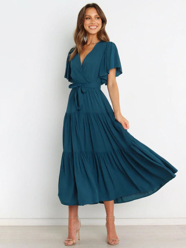 Women's Solid Tiered Ruffled Midi Dress with Short Sleeves in 7 Colors Sizes 4-10 - Wazzi's Wear