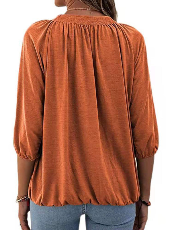 Women’s Solid Color Round Neck 3/4 Sleeves Top in 8 Colors S-XXL - Wazzi's Wear