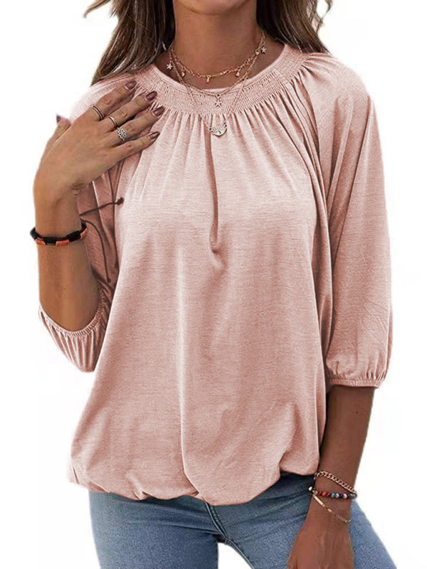 Women’s Solid Color Round Neck 3/4 Sleeves Top in 8 Colors S-XXL - Wazzi's Wear