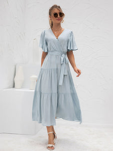Women’s Solid Short Sleeve V-Neck Ruffled Midi Dress in 3 Colors S-XL