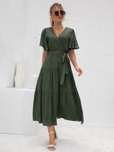 Load image into Gallery viewer, Women’s Solid Short Sleeve V-Neck Ruffled Midi Dress in 3 Colors S-XL