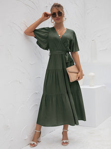 Women’s Solid Short Sleeve V-Neck Ruffled Midi Dress in 3 Colors S-XL