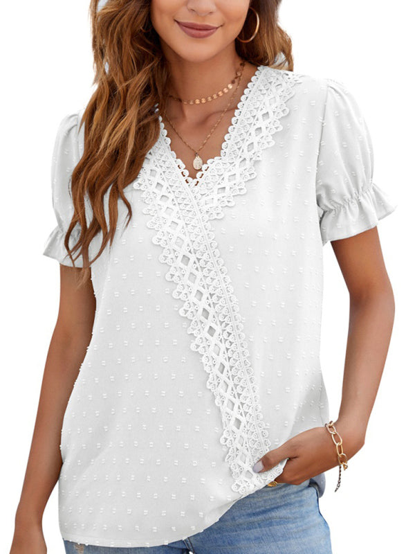 Women's Solid Lace Trim V-Neck Dot Top with Puffed Sleeve in 6 Colors S-XL - Wazzi's Wear