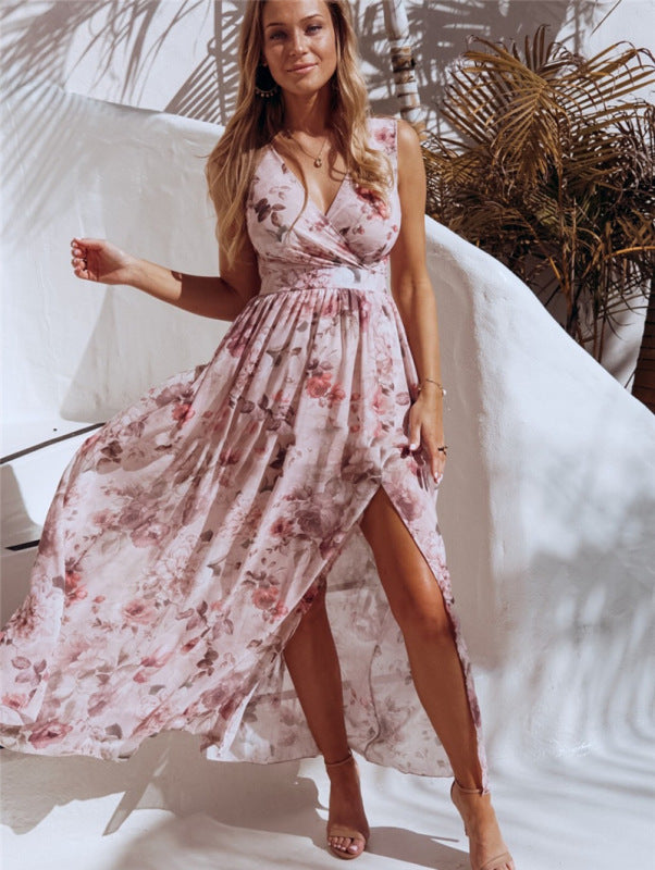 Women’s Floral Print Sleeveless Chiffon Maxi Dress in 4 Colors - Wazzi's Wear